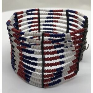 Beautiful Native American Metal and Beaded Cuff Bracelet Red‎ Blue White